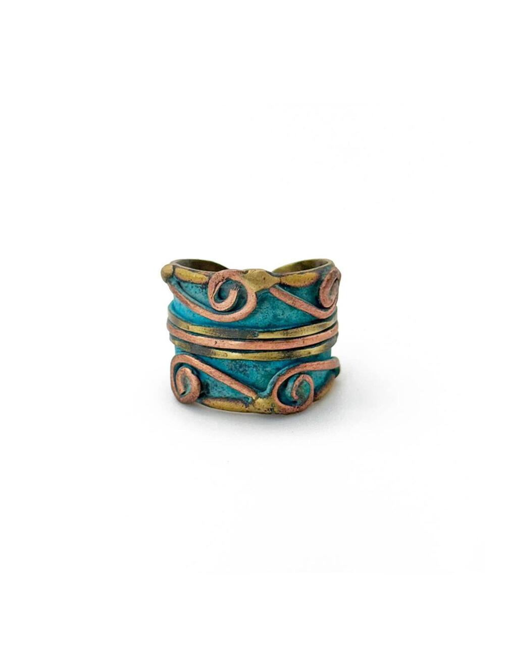 Turquoise & Copper Scrollwork Brass Patina Ring #2